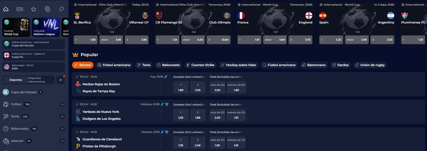 Nine Casino sección de apuestas deportivas con fútbol, béisbol, tenis y baloncesto
